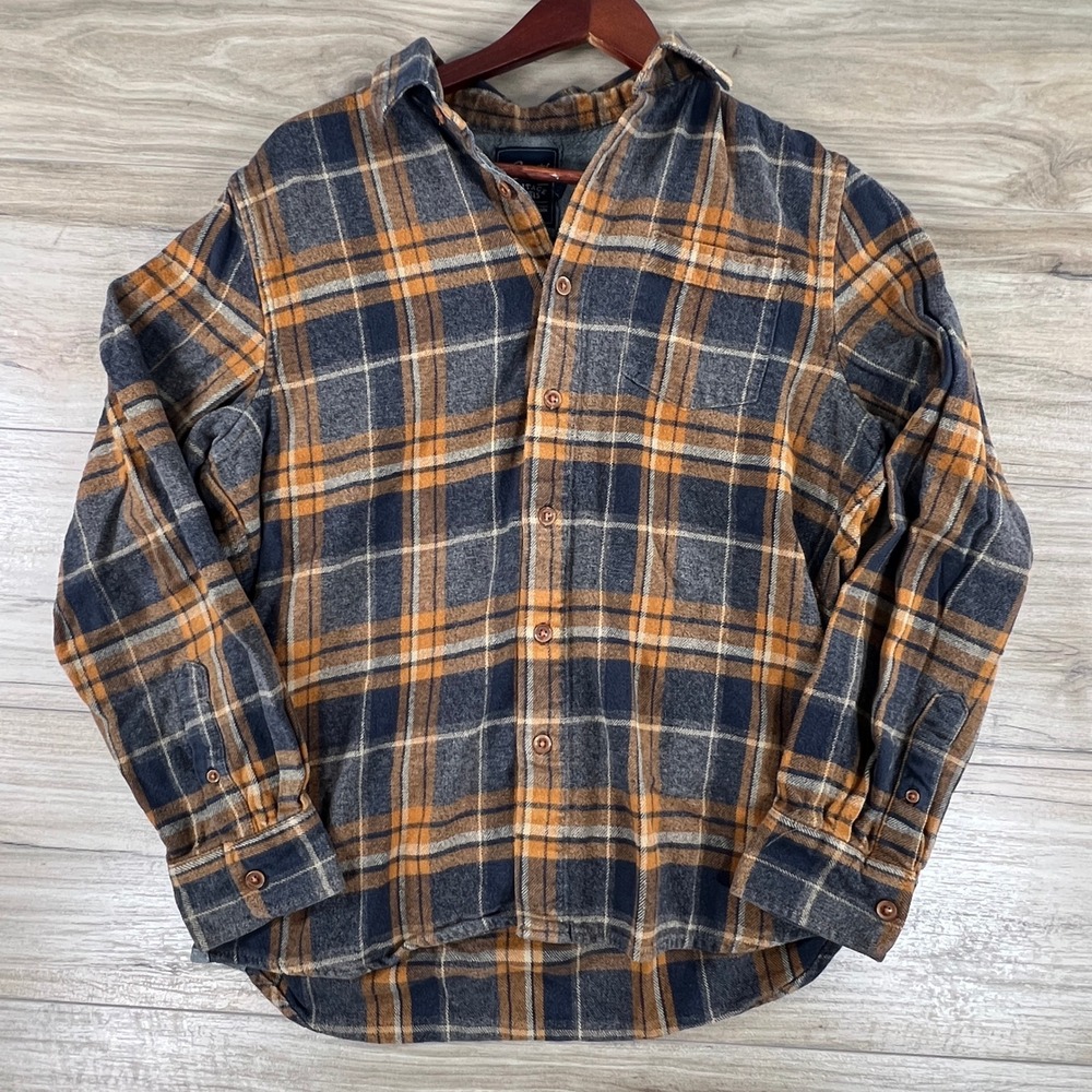 Grayers Heritage Flannel Plaid Button Down Shirt Navy Orange 100% Cotton Size M